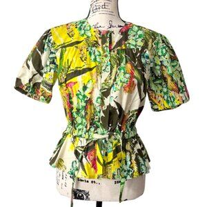 Marie Oliver Women XXS Willis Top Puff Sleeve Cotton Eden Floral Green Yellow